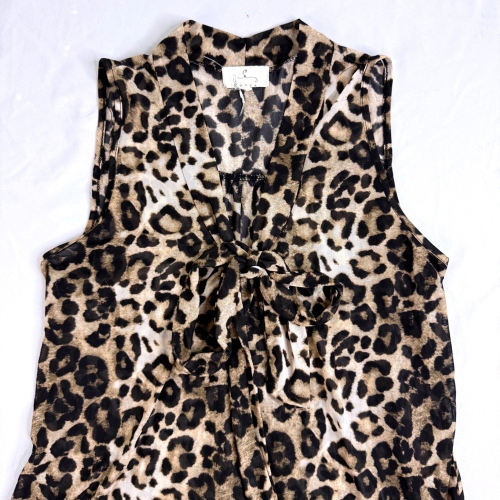 G Weber Leopard Print Tie Neck Sleeveless Blouse High Low Mesh Top XL